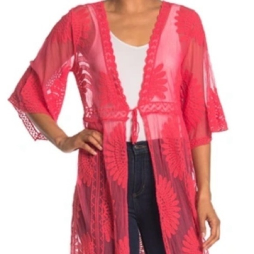 Forgotten Grace Pink Coral Bohemian Lace Kimono, Beach Coverup